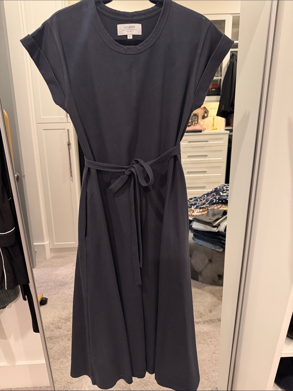 La Ligne Navy Sleeved Midi Dress with Self-Tie Belt